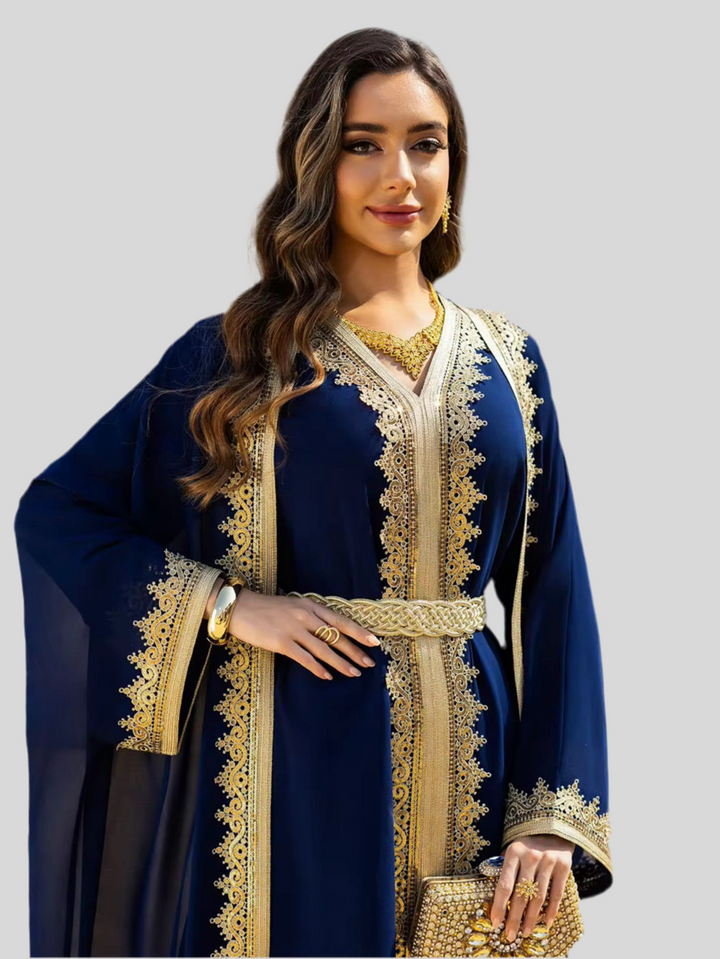 Festliche Abaya mit goldbestickten Pailletten