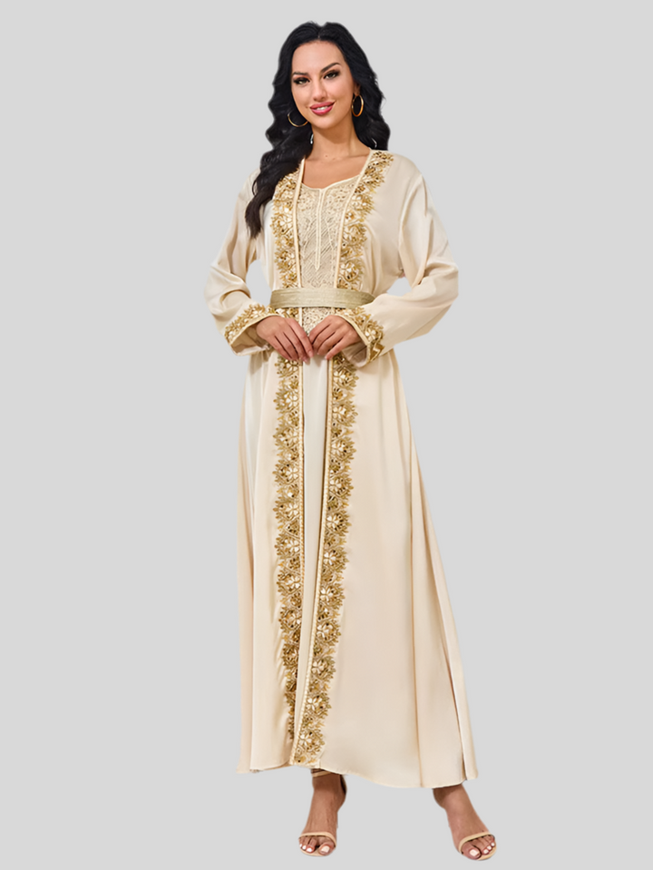 Festliche Abaya in Beige mit Goldstickerei