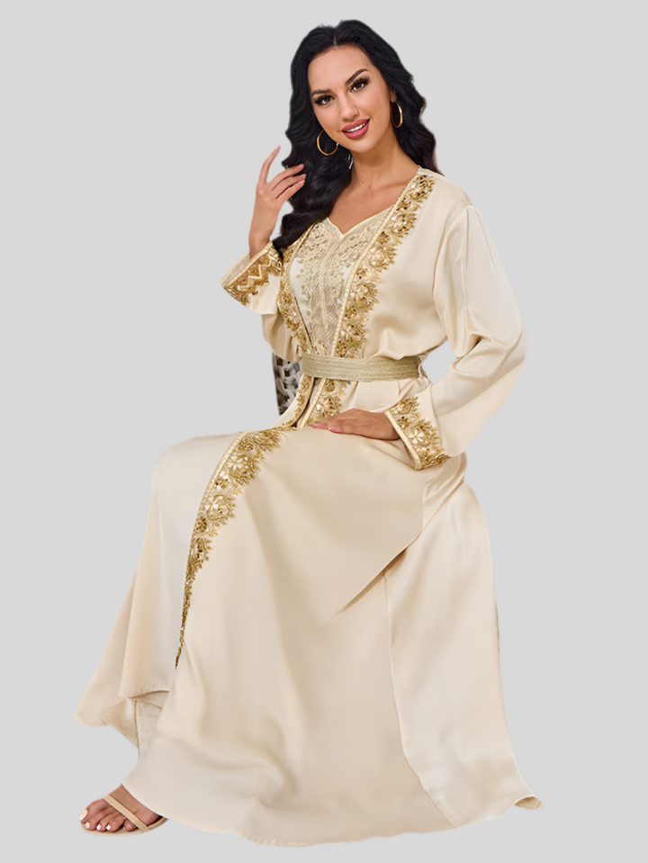 Festliche Abaya in Beige mit Goldstickerei