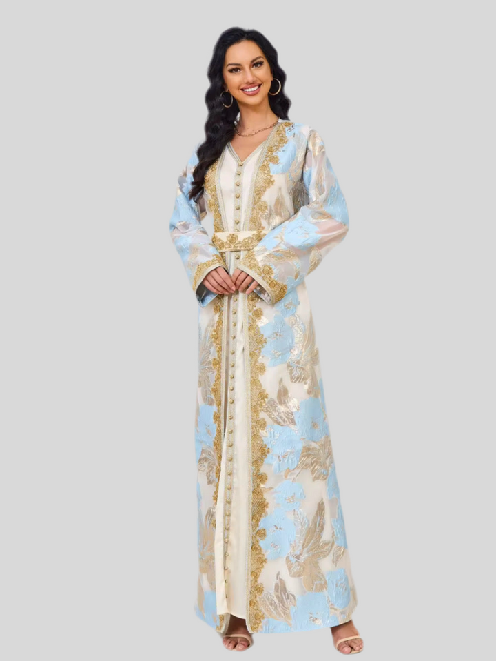 Festliche Abaya in Beige mit Perlen bestickt