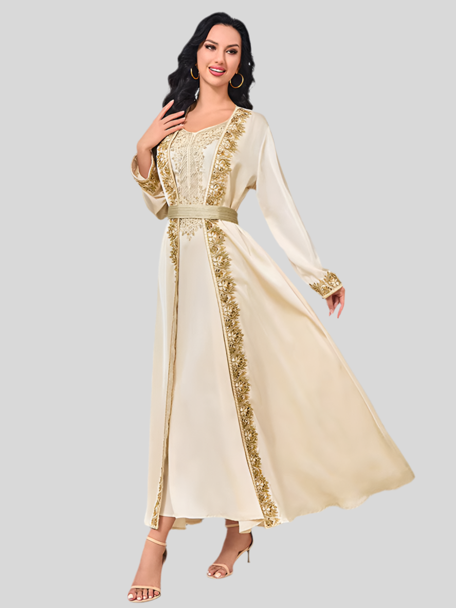 Festliche Abaya in Beige mit Goldstickerei