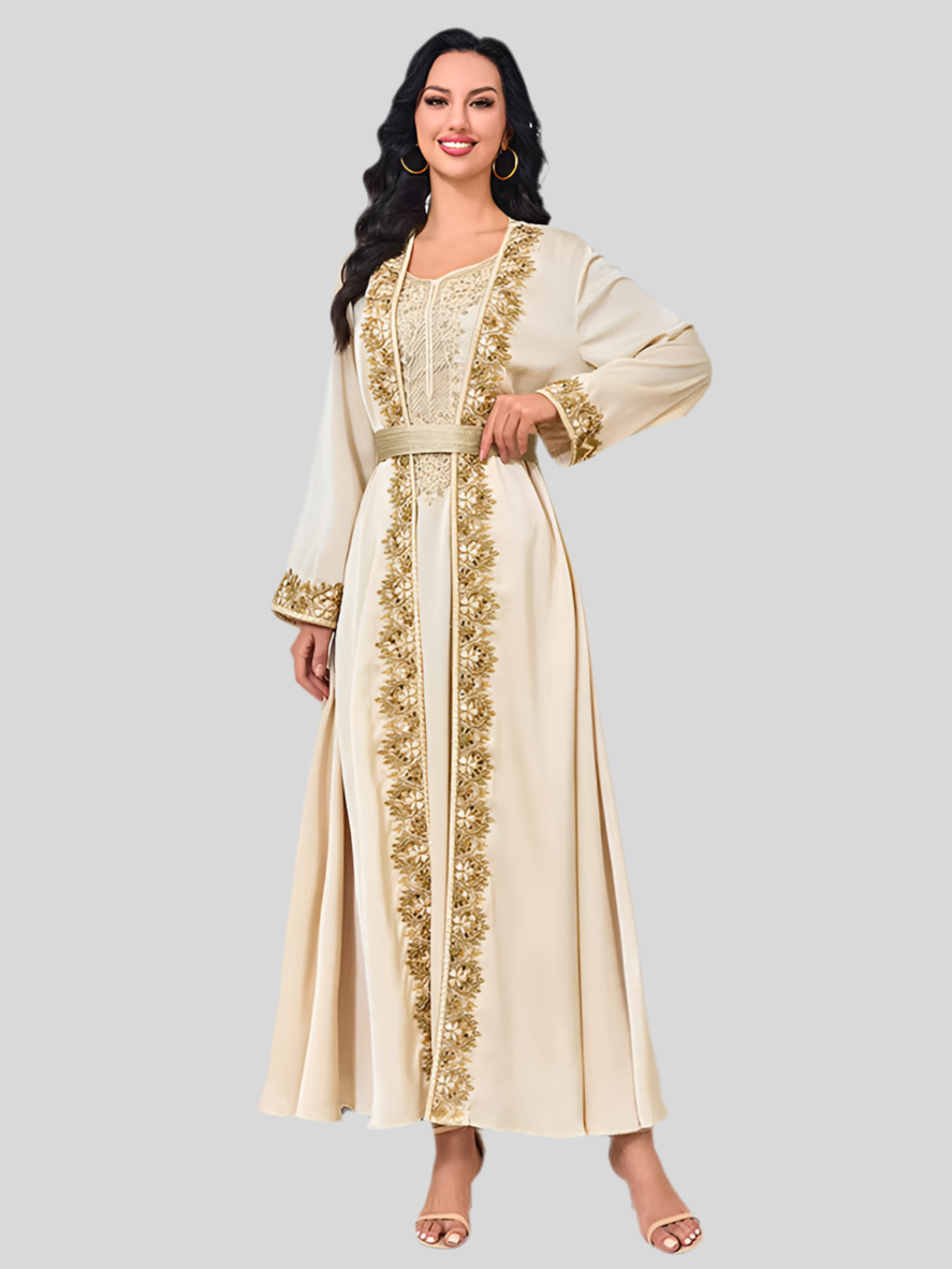 Festliche Abaya in Beige mit Goldstickerei