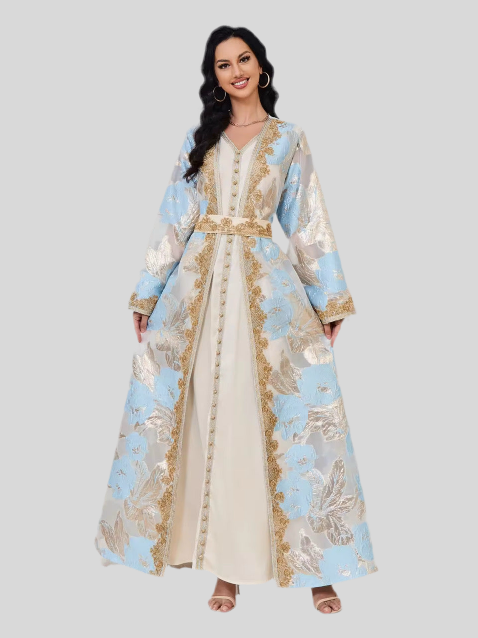Festliche Abaya in Beige mit Perlen bestickt