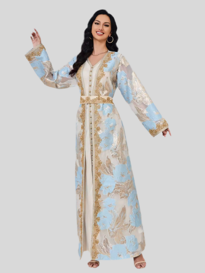 Festliche Abaya in Beige mit Perlen bestickt