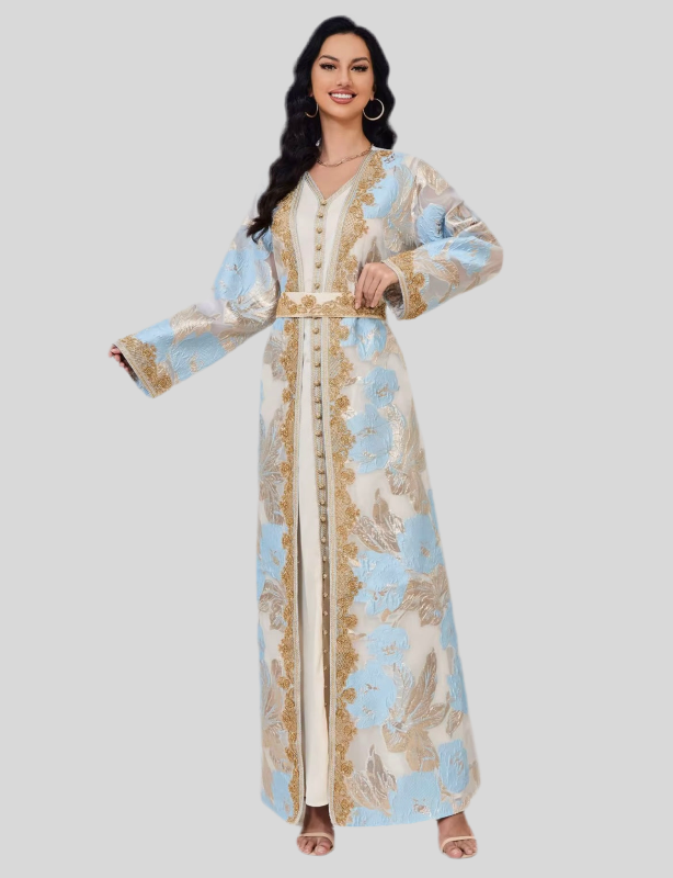 Festliche Abaya in Beige mit Perlen bestickt