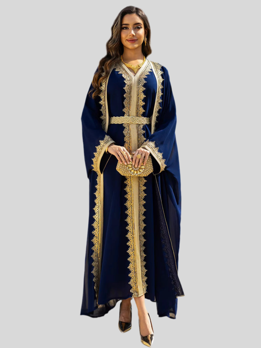 Festliche Abaya mit goldbestickten Pailletten