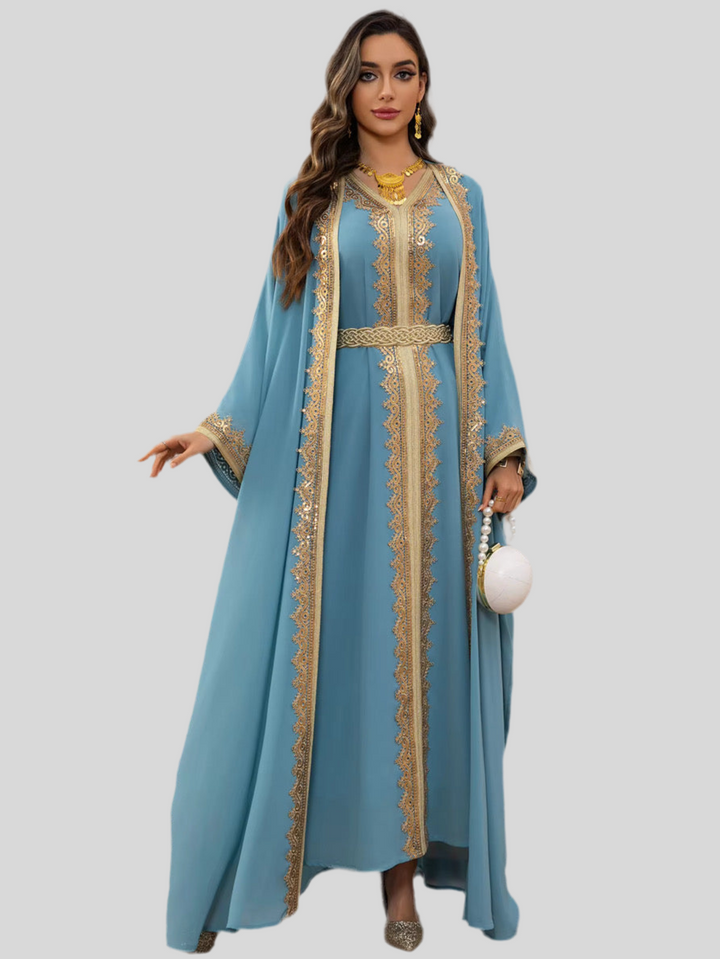 Festliche Abaya mit goldbestickten Pailletten
